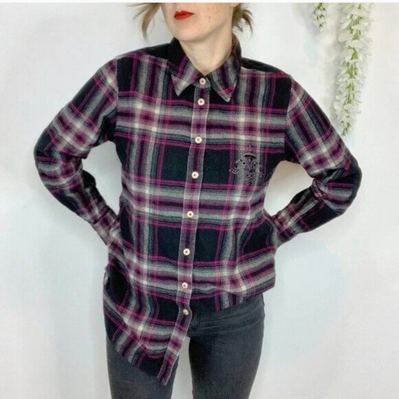 Soft Surroundings pink  and black plaid button down flannel shirt SZ S - Picture 1 of 10